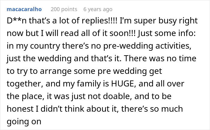 Screenshot of a reddit comment explaining no pre-wedding activities and challenges in a large family wedding setting. Screenshot of a reddit comment explaining no pre-wedding activities and challenges in a large family wedding setting.