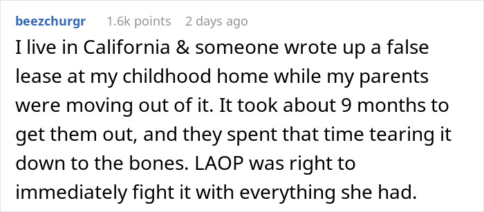 User comment describing a false lease at a childhood home as a friend breaks into house and claims to live there.