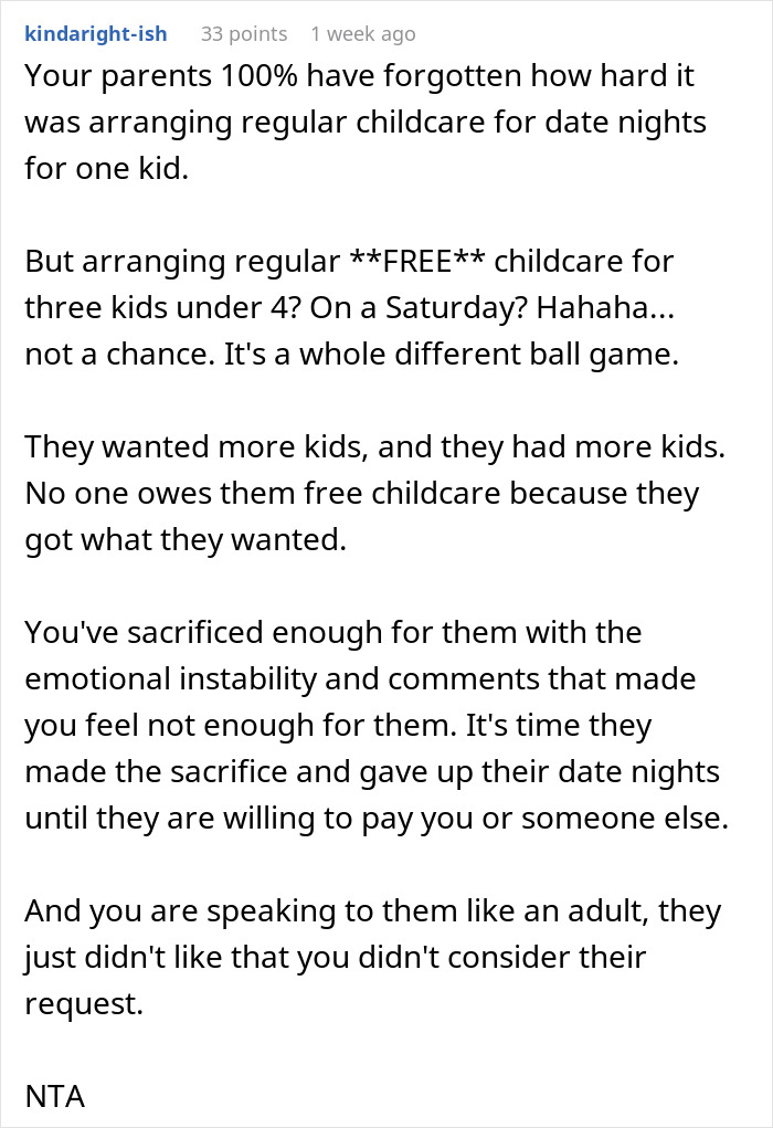 Text excerpt discussing parents obsessed with having kids forcing older son to babysit siblings, causing conflict when he refuses.