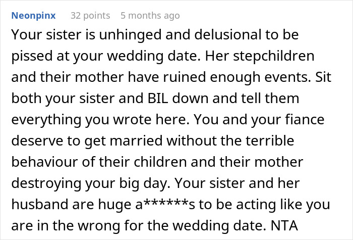 Comment discussing the nightmare ex ruining family events and scheduling a wedding to avoid her interference. - 26