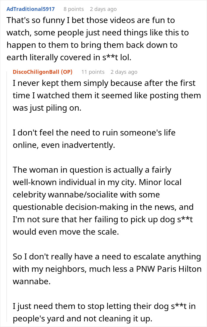 Comments discussing petty revenge on an entitled dog owner and issues with not cleaning up dog waste.