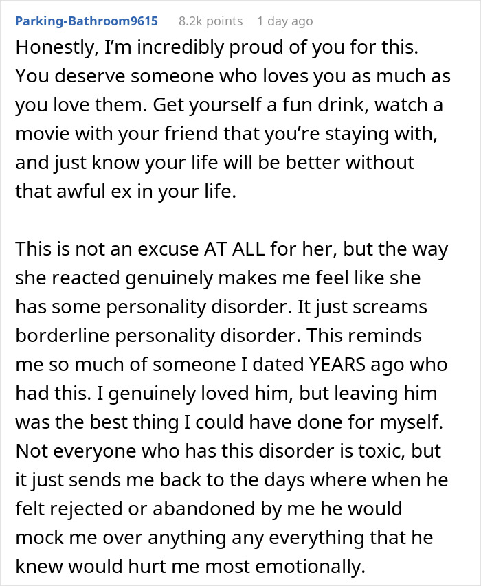 Comment discussing a woman&rsquo;s angry reaction and relationship issues after her boyfriend dumped her for throwing away his dinner.