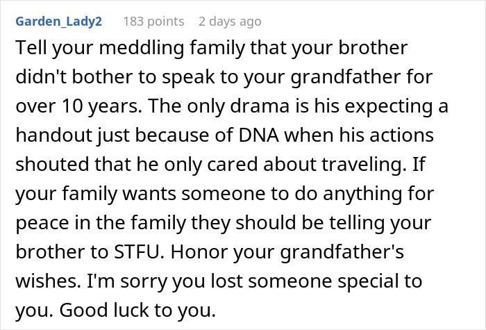 Comment about 21-year-old spending years caring for grandpa while dealing with entitled brother's demands and family drama. - 15