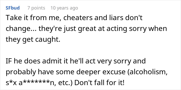 Screenshot of a Reddit comment warning about cheaters pretending to be sorry and making excuses when confronted by their girlfriend.