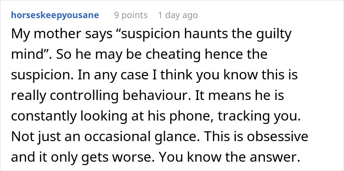 Comment about suspicion and controlling behavior with phone tracking in a discussion on a woman missing calls from fianc&eacute;.