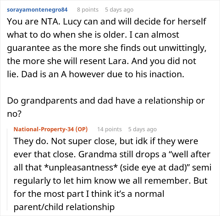 Woman telling dad&rsquo;s affair baby the real reason grandparents don&rsquo;t see her in a family discussion thread screenshot