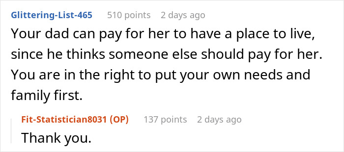 Reddit comments discussing family demands for financial support and prioritizing personal needs over sister&rsquo;s request.