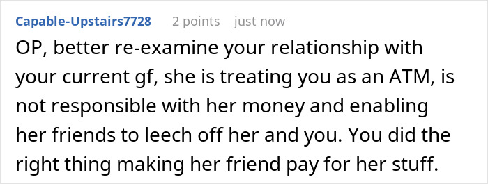 Screenshot of a Reddit comment discussing a woman using her friend&rsquo;s boyfriend as an ATM and financial responsibility issues.