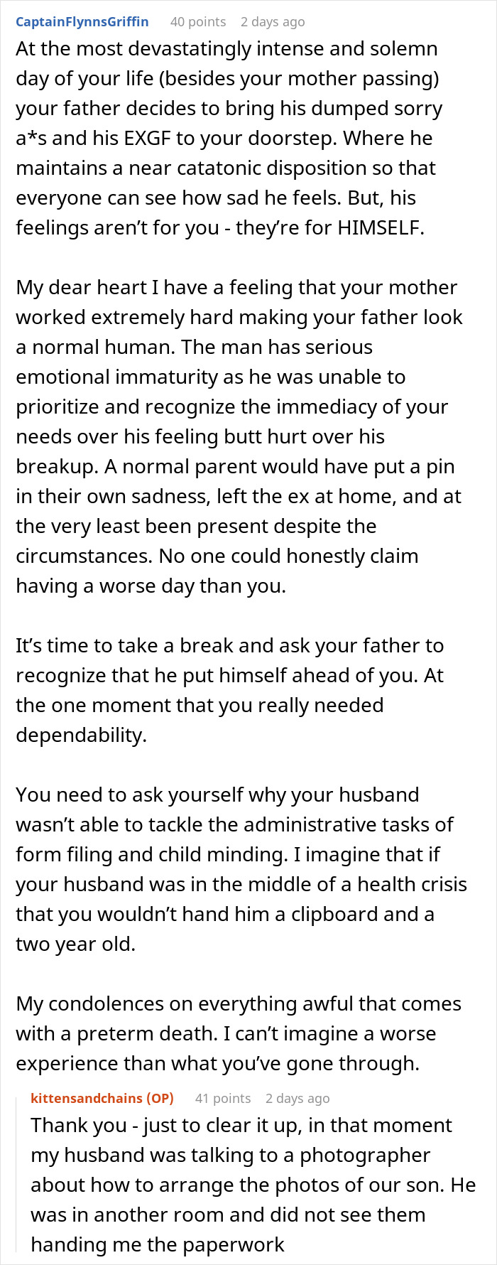 Comment discussing a woman appalled by dad’s reaction to her giving birth to his dead grandchild. Comment discussing a woman appalled by dad’s reaction to her giving birth to his dead grandchild.