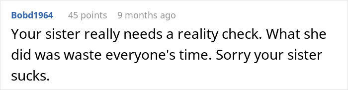 Screenshot of a Reddit comment criticizing a sister for failing to get a babysitter, causing frustration with time wasted.