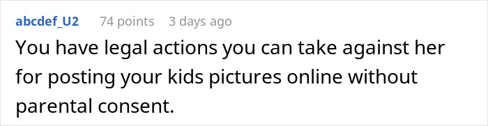 Commenter abcdef_U2 advising on legal actions for posting kids’ pictures online without parental consent related to influencer neighbors hospital case. Commenter abcdef_U2 advising on legal actions for posting kids’ pictures online without parental consent related to influencer neighbors hospital case.