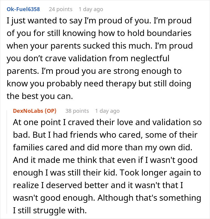 Screenshot of a heartfelt Reddit conversation about dealing with neglectful parents and emotional struggles of kids seeking validation. - 32
