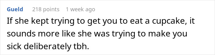 Screenshot of a forum comment discussing an intern who ended up hospitalized after a coworker brought cupcakes.