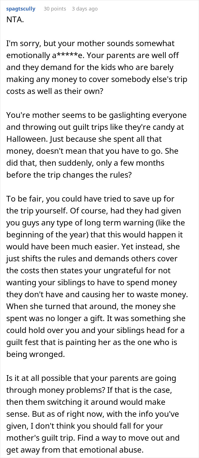 Woman refusing Christmas gift trip demanding siblings pay for her flight in a heated family discussion about trip costs.