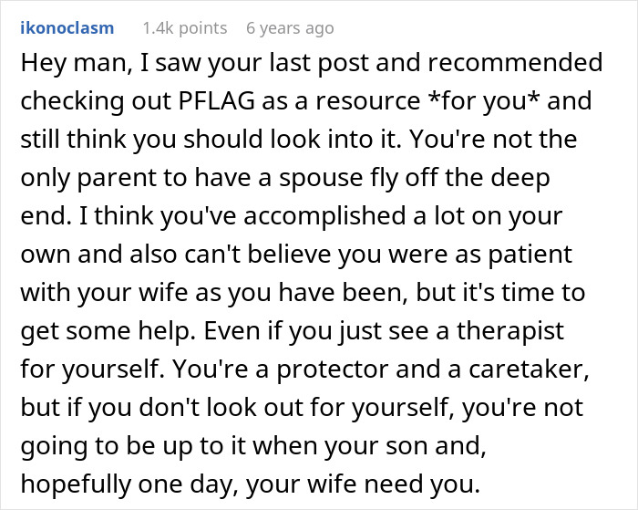 Comment offering support and advice to a dad standing by his gay son after family conflict over his identity.