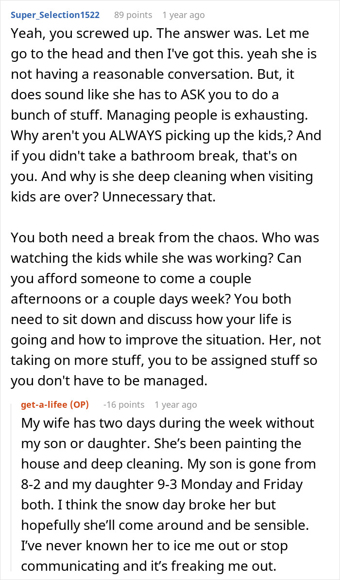 Man telling wife she couldn&rsquo;t do it without him while she proves him wrong by managing tasks and cleaning.