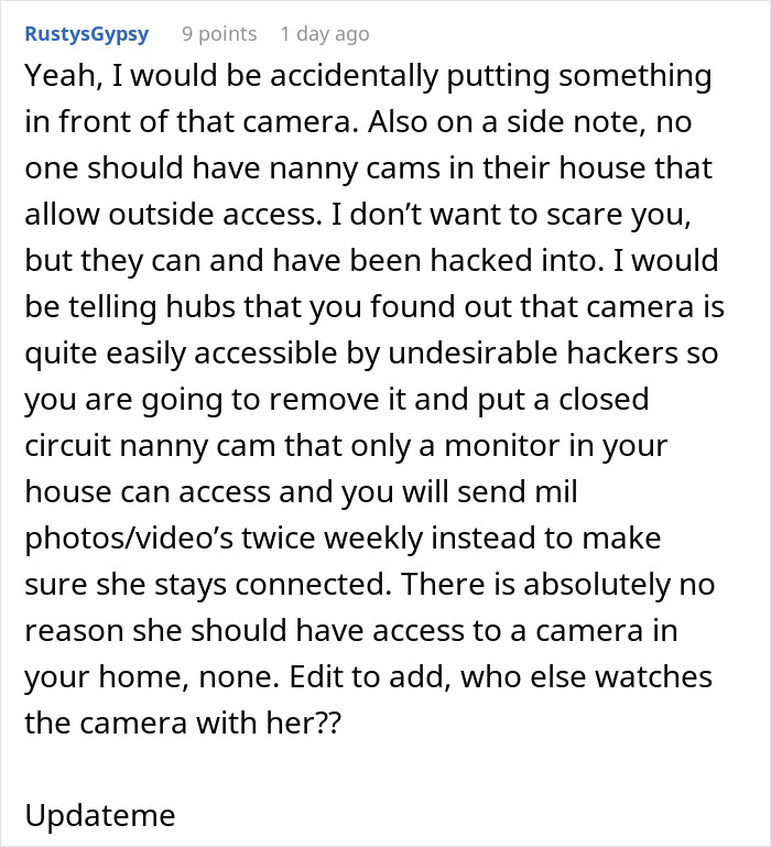 Comment about mom disabling MIL&rsquo;s baby cam access due to privacy concerns and spying risks shared online discussion.