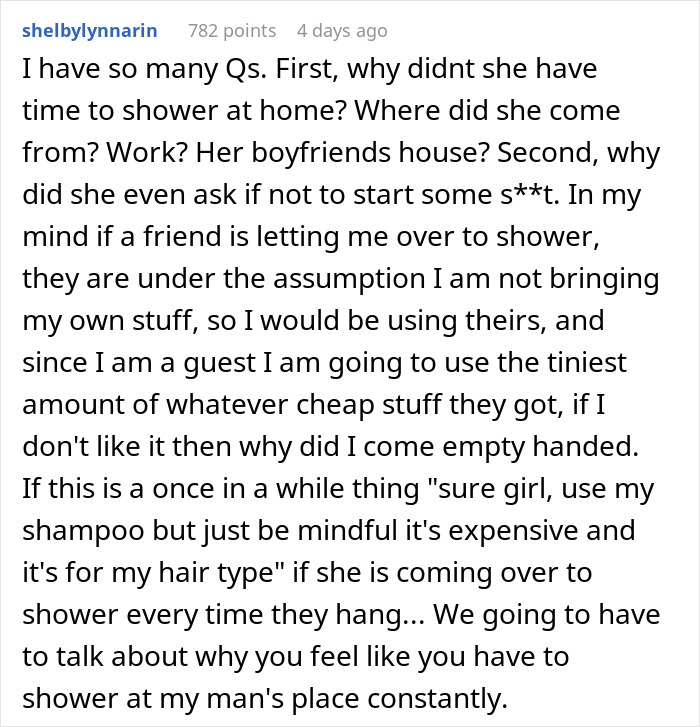 Text post discussing why it&rsquo;s reasonable to refuse a female friend to use your shampoo when showering at your place.