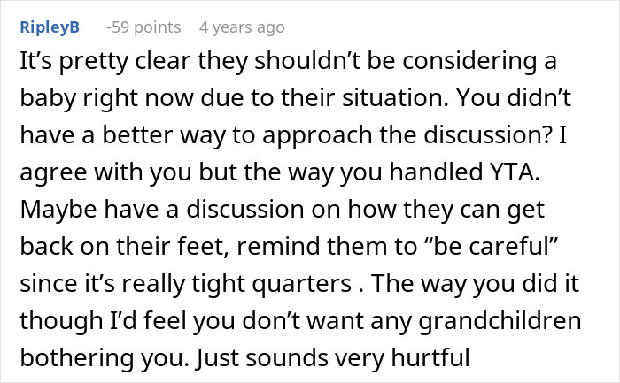 Comment discussing how parents forbid having a baby under their roof, causing relationship conflict with daughter.