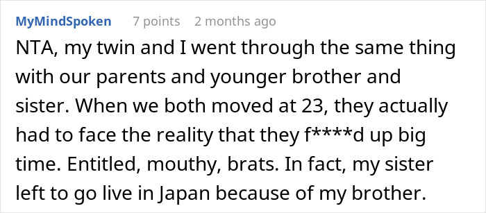 Comment from MyMindSpoken sharing a personal story about refusing to babysit siblings after feeling like a stranger for years. Comment from MyMindSpoken sharing a personal story about refusing to babysit siblings after feeling like a stranger for years.