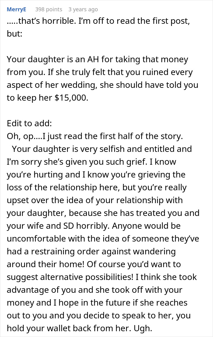 Comment discussing a man ruining relationship with daughter over her wedding and yard refusal, highlighting family conflict.