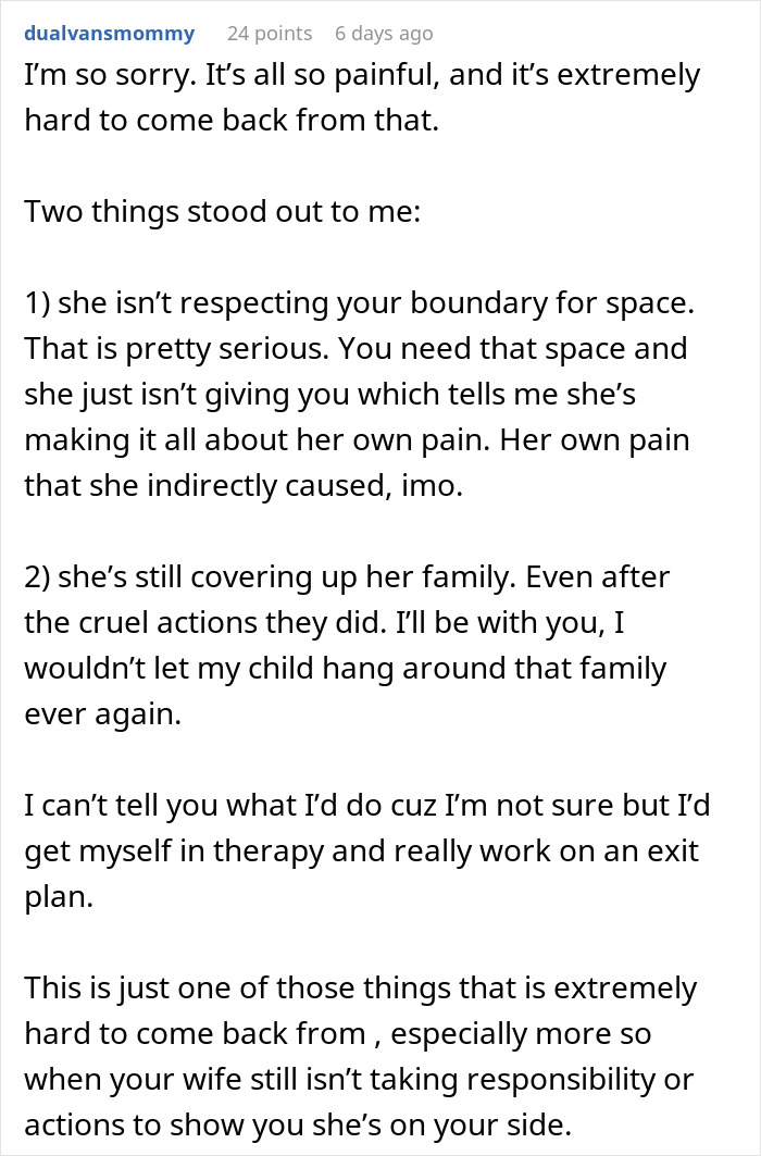 Comment discussing the impact of cyber-bullying by wife’s family and setting boundaries to protect their son. - 55