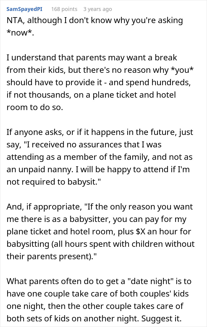 Comment text advising a childfree woman to set boundaries and avoid unpaid babysitting duties during vacation with relatives.
