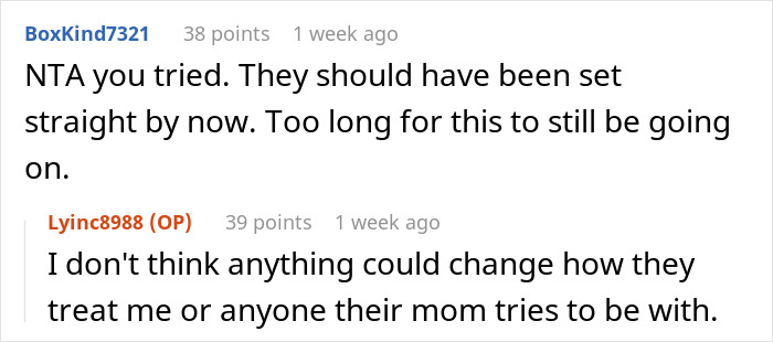 Screenshot of online comments discussing a man&rsquo;s long struggle to win over fiancee&rsquo;s kids before giving up.
