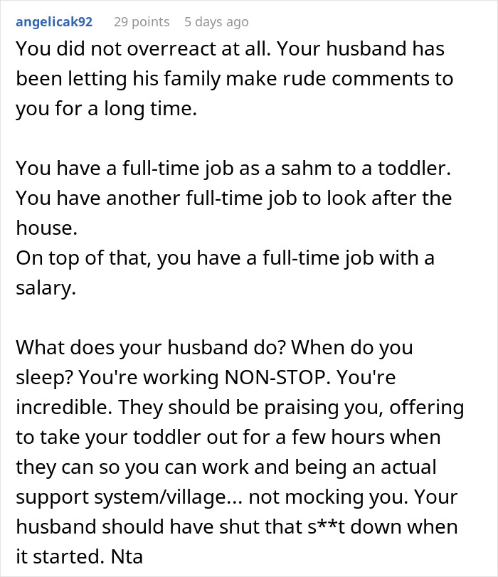 Comment defending working mom with full-time jobs and addressing rude in-laws about daycare challenges. - 39