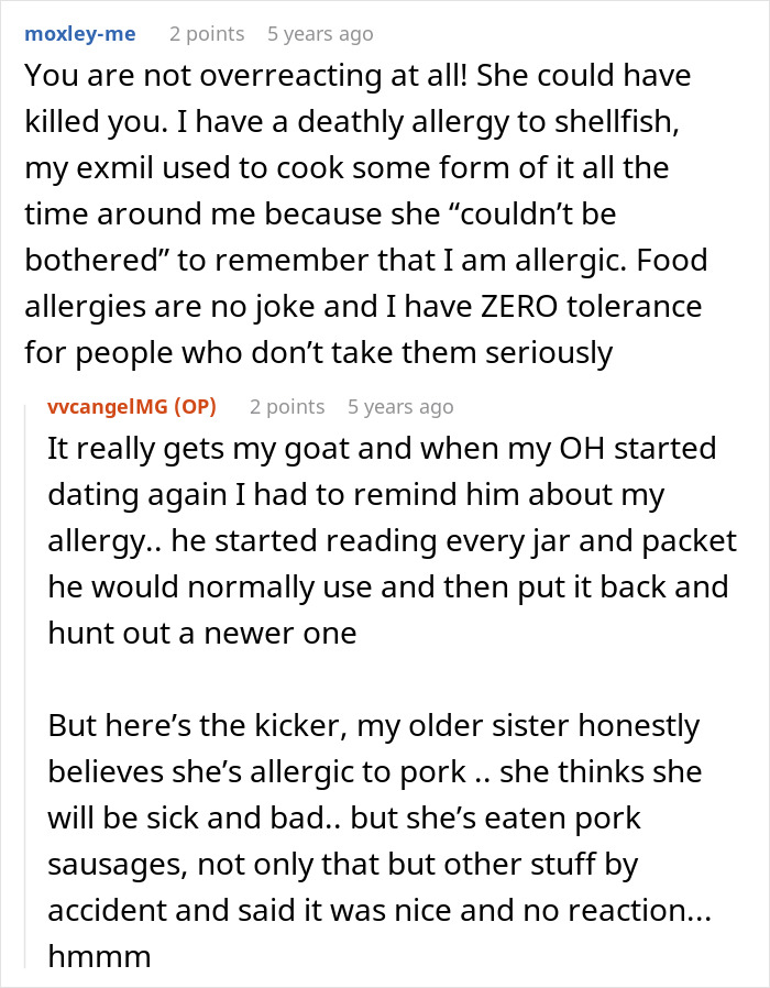 Screenshot of an online discussion about allergies and intolerance, referencing mil-try-poison-woman in user comments.