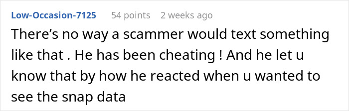 Screenshot of an online comment about strange text from fianc&eacute; raising concerns for a mom-to-be.