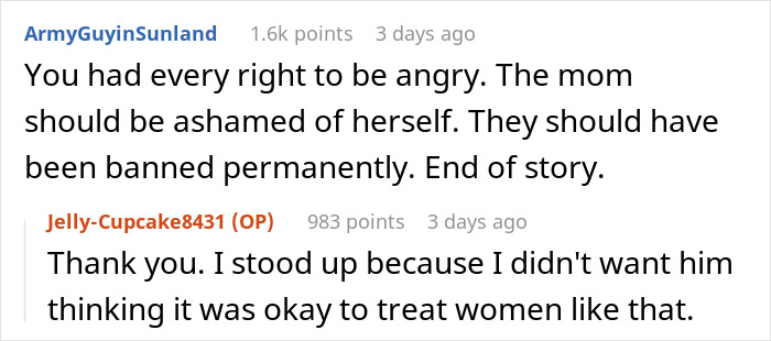 Screenshot of a Reddit conversation discussing a lady grabbing a teen's phone as he takes a picture of her backside.