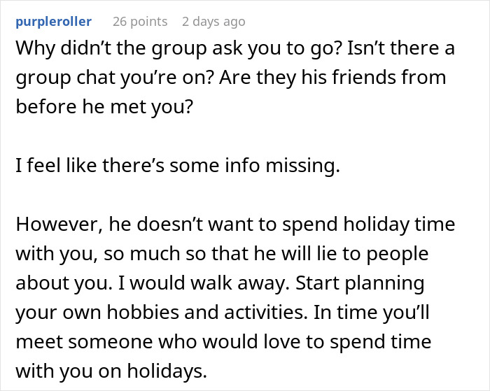 Reddit comment discussing a woman finding out her boyfriend told friends she couldn&rsquo;t join couples trip without asking her.