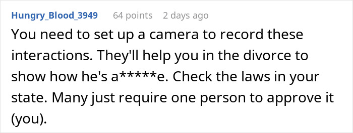 Comment text about setting up a camera to record interactions for divorce, mentioning state laws and approval requirements.