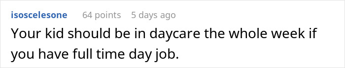 Comment about working mom's challenges with once-a-week daycare and in-laws' misconceptions about her job. - 32