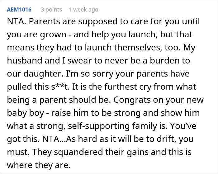 Comment discussing elderly parents expecting daughter to support them after squandering savings on poor business schemes. Comment discussing elderly parents expecting daughter to support them after squandering savings on poor business schemes.