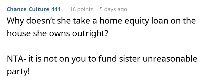Screenshot of online comment disputing funding for sister’s dream wedding, mentioning hoarding money accusations. Screenshot of online comment disputing funding for sister’s dream wedding, mentioning hoarding money accusations.