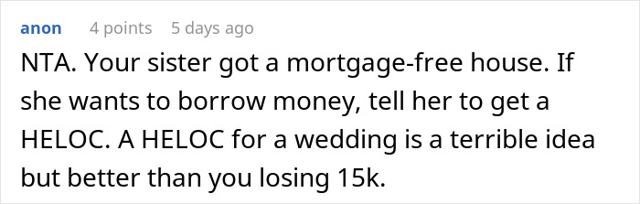User comment about sister wanting $15k from inheritance for dream wedding, accusing her of hoarding money in family dispute. User comment about sister wanting $15k from inheritance for dream wedding, accusing her of hoarding money in family dispute.