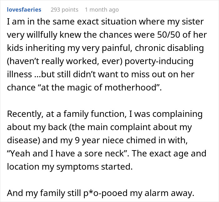 Text post sharing a personal story about a genetic condition affecting a pregnant sister and family reactions. Text post sharing a personal story about a genetic condition affecting a pregnant sister and family reactions.