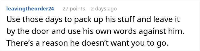Screenshot of a Reddit comment advising a woman who found out her boyfriend told friends she couldn&rsquo;t join couples trip.