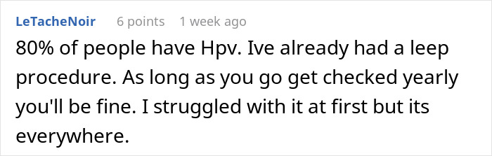 Comment discussing HPV prevalence, cancer struggles, and importance of yearly health checks related to HPV and cancer risk.