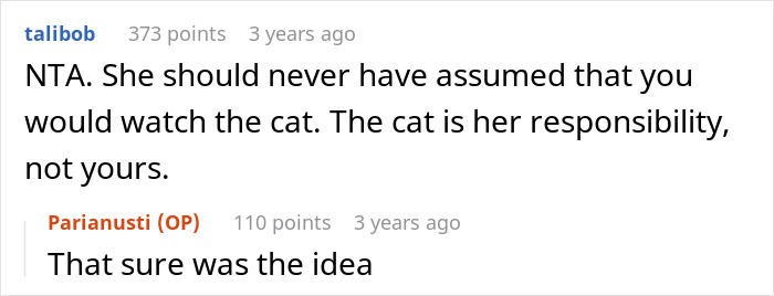 Screenshot of a Reddit conversation about a lady dumping cat duties on her roommate who refuses to be the litter box servant.