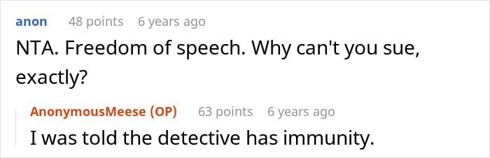 Screenshot of an online discussion about a man wrongfully jailed refusing to take down a website criticizing a detective.