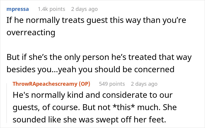 Reddit conversation about a woman panicking after her husband remembers a friend’s favorite drink from years ago. Reddit conversation about a woman panicking after her husband remembers a friend’s favorite drink from years ago.