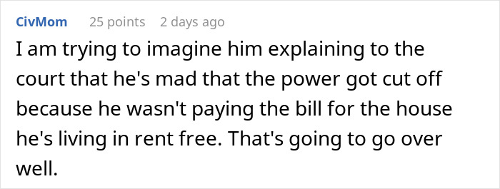 Comment discussing a court case where a lady cuts utilities of her ex who stayed in her house rent-free. Comment discussing a court case where a lady cuts utilities of her ex who stayed in her house rent-free.