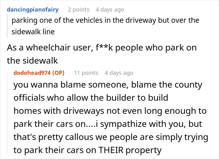Comments discussing driveway parking issues and frustrations with county officials and HOA rules enforcement.