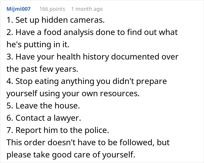 Reddit comment suggesting steps to handle a situation where man gets sick from food touched by his dad.