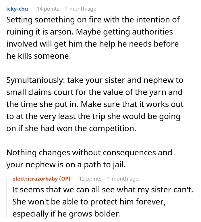 Text conversation discussing consequences of arson and family disputes involving a grieving son and sister conflict.