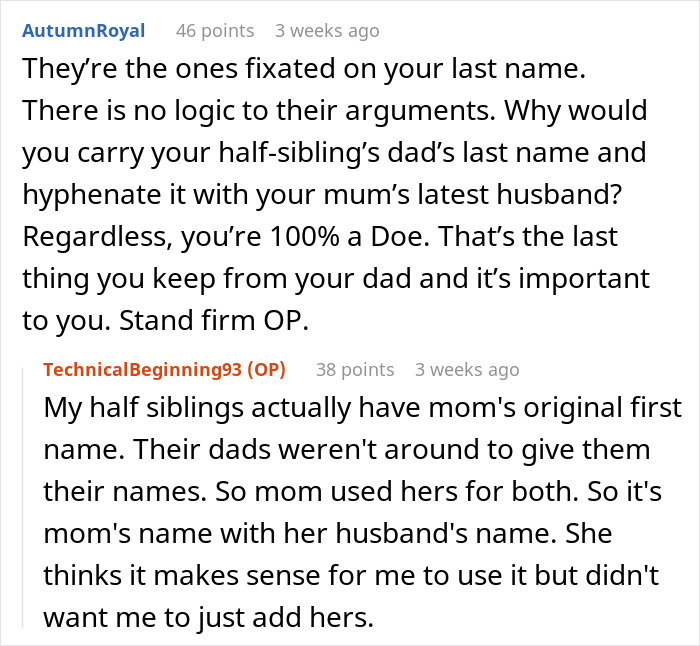 Alt text: Online discussion about a teen wanting to keep late father&rsquo;s last name despite mother&rsquo;s upset feelings.