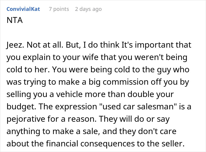 Husband drags wife out of dealership, not giving her a chance to show the car she wants during the sale process.